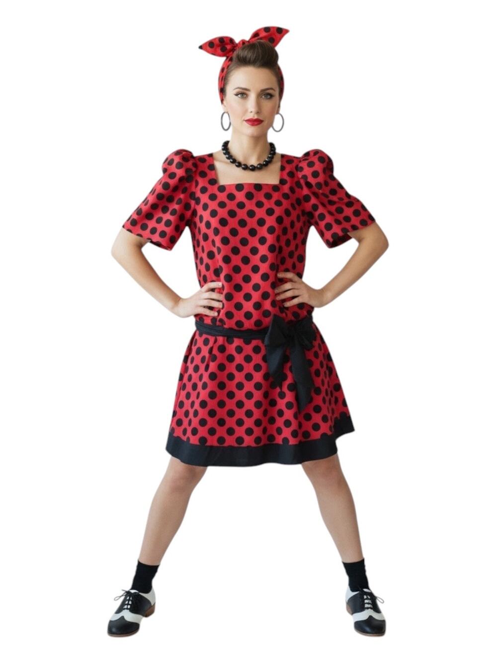 Vtg 80s Lana B Marie Palmese Red Black Polka Dot Puff Sleve Rockabilly Dress 5/6